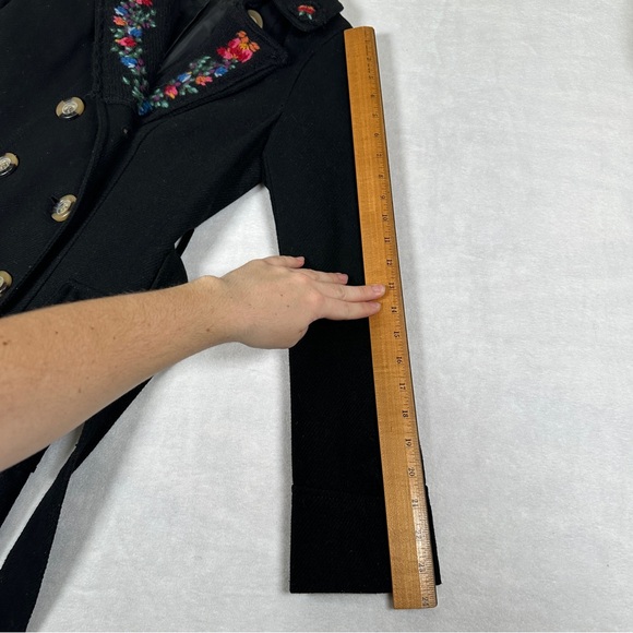 Black wool Trench Coat Floral Embroidery grandma cottagecore long button pink - Picture 5 of 9